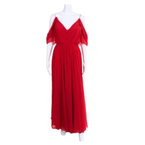 Badgley Mischka Gown Formal Maxi Dress Size 20 Red Pleated Cold Shoulder - Picture 1 of 10